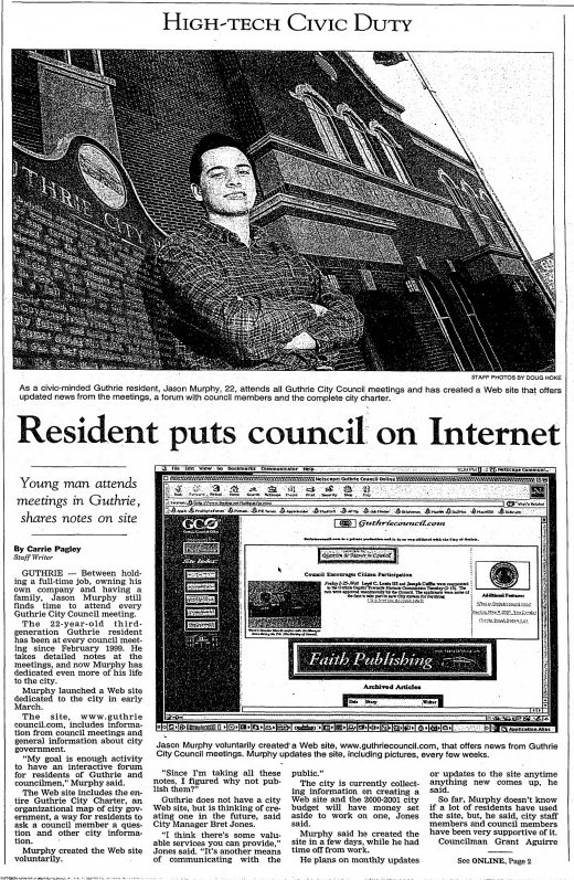 Guthrie, April 2000. Jason Murphey, then 22, outside Guthrie City Hall, photographed for a profile of GuthrieCouncil.com — the site he built from notes taken at every council meeting since February 1999, and the direct predecessor of The Oklahoma State Capital.