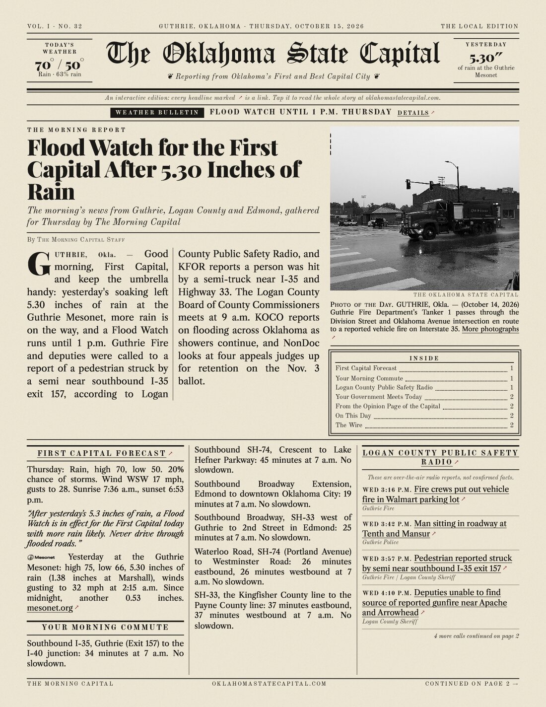 The front page of The Oklahoma State Capital for Thursday, October 15, 2026